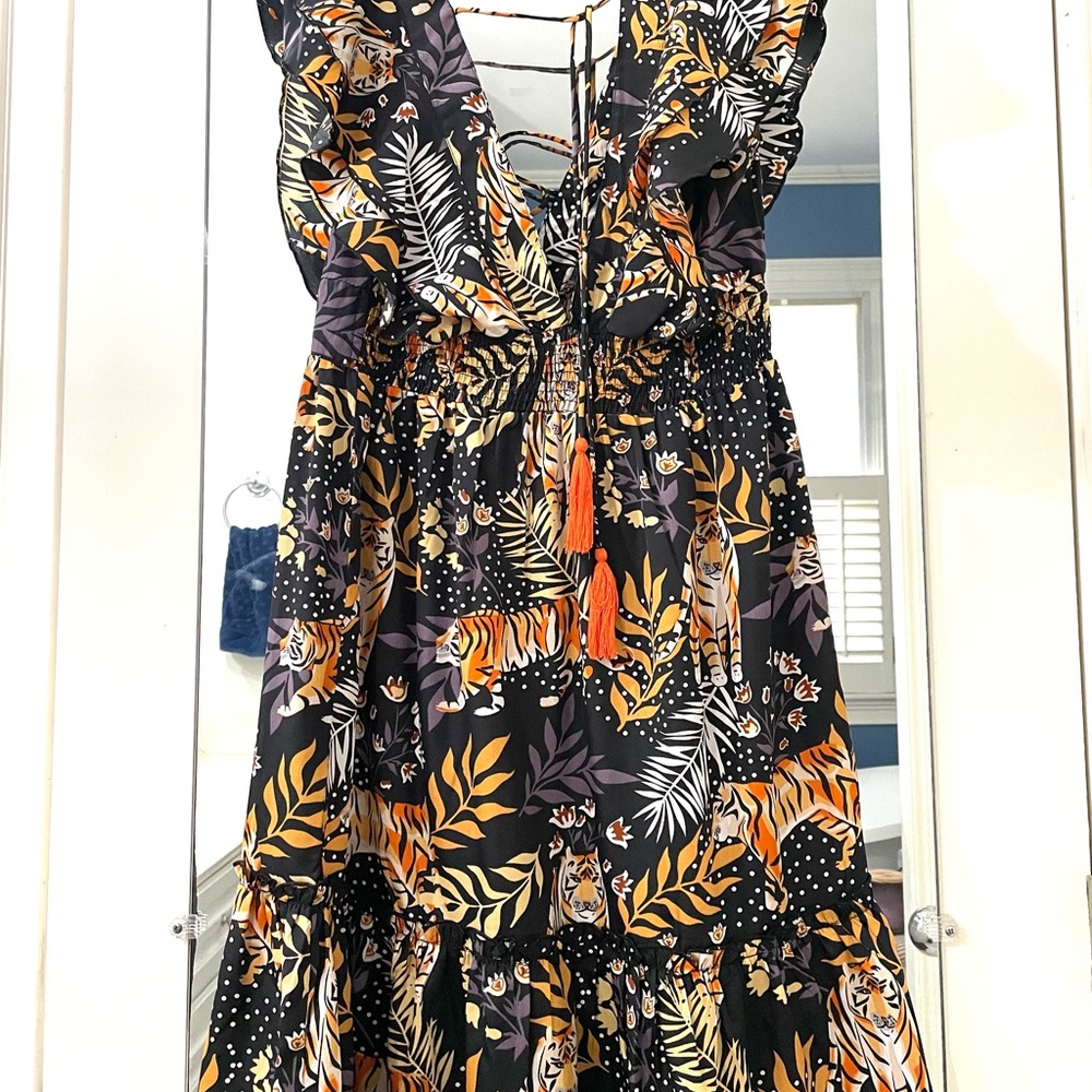 America and Beyond Tiger Print Dress with Ruffle Sleeves